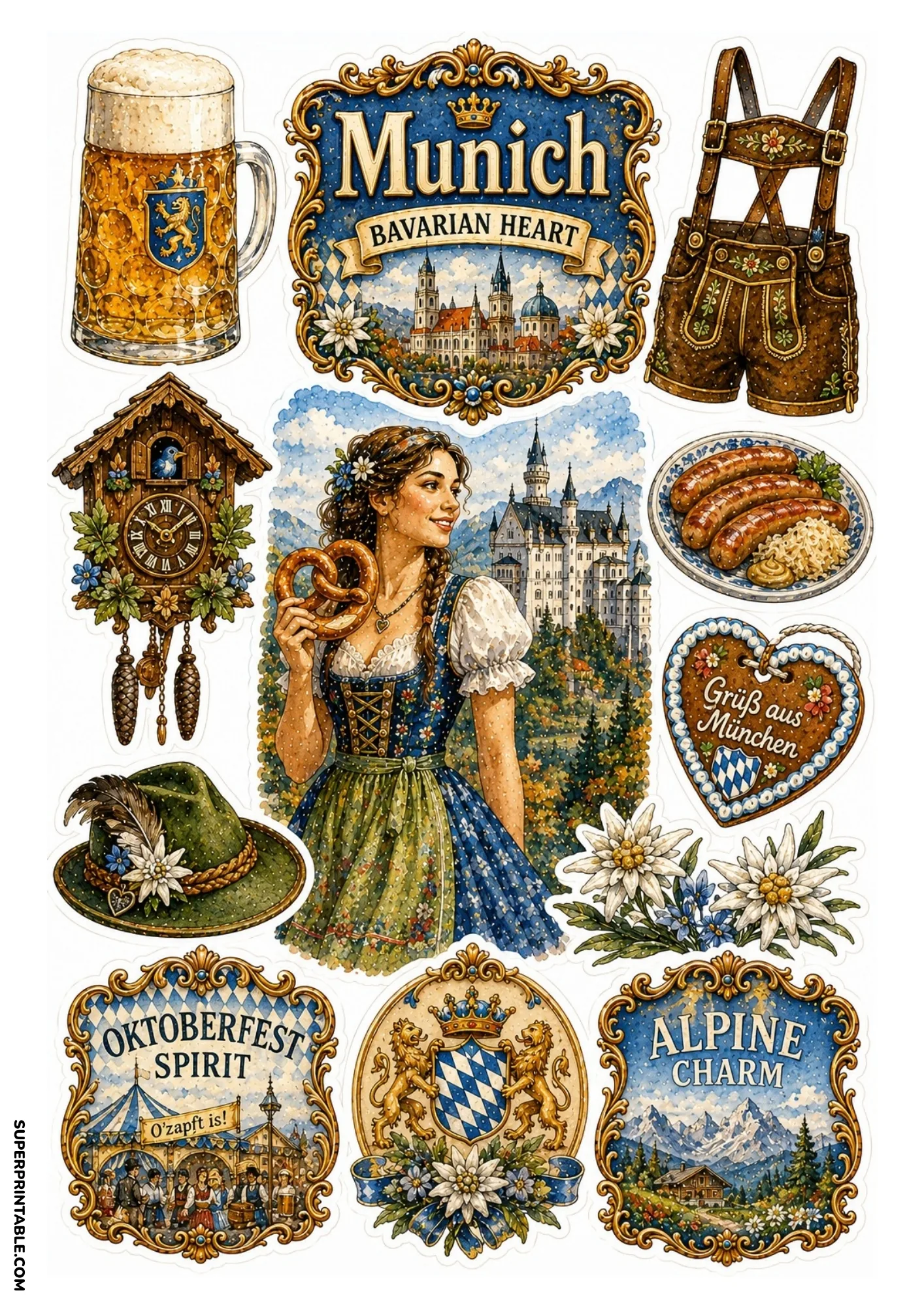 Munich alpine sticker sheet showing edelweiss flowers, Bavarian crest, and mountains