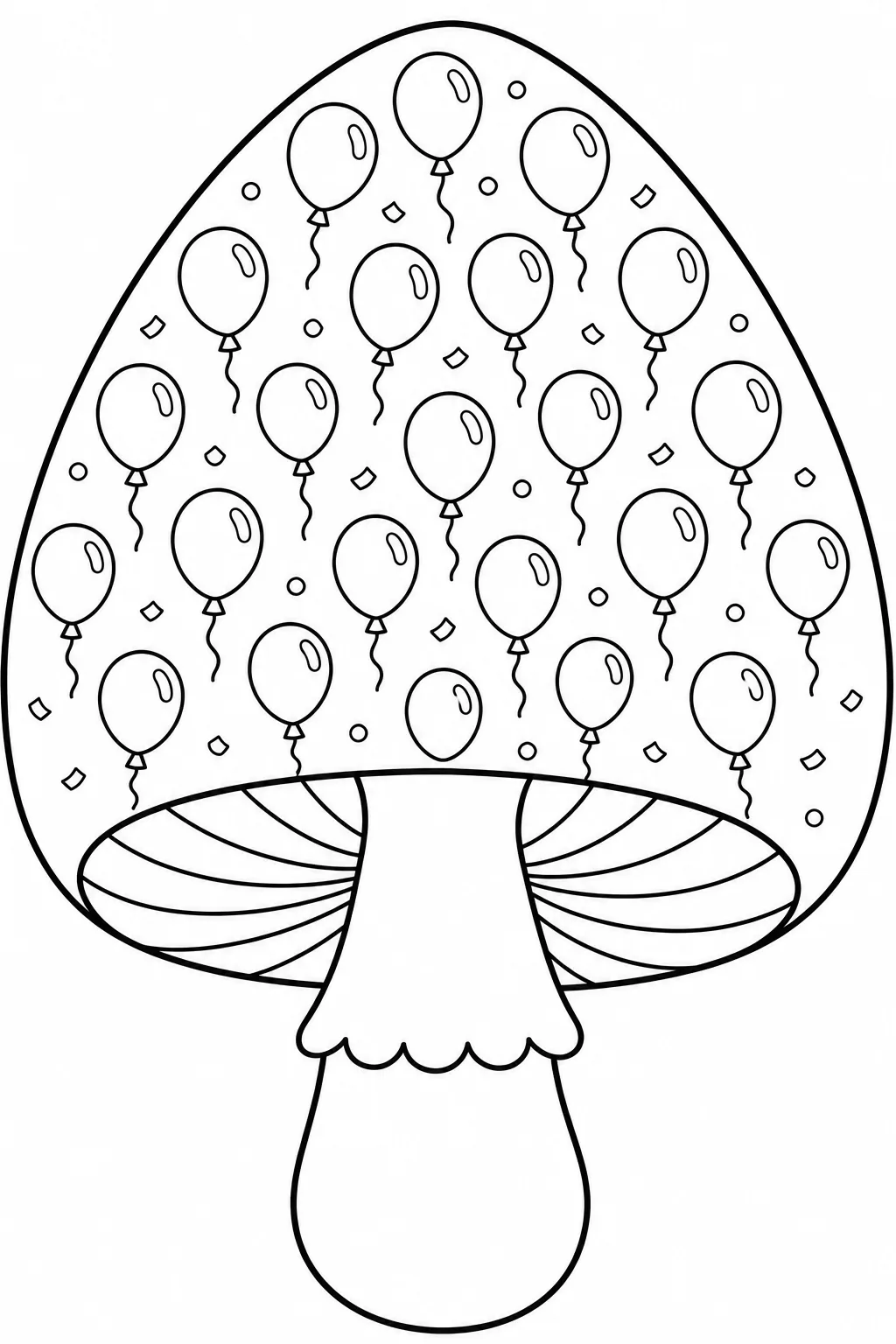 Mushroom cap filled with balloons, curly strings, and tiny party confetti