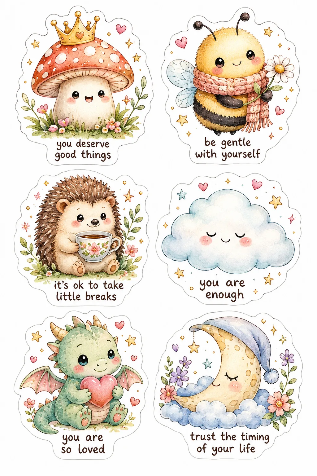 Positive affirmation stickers with cute mushroom, bee, hedgehog, cloud, dragon, and moon characters