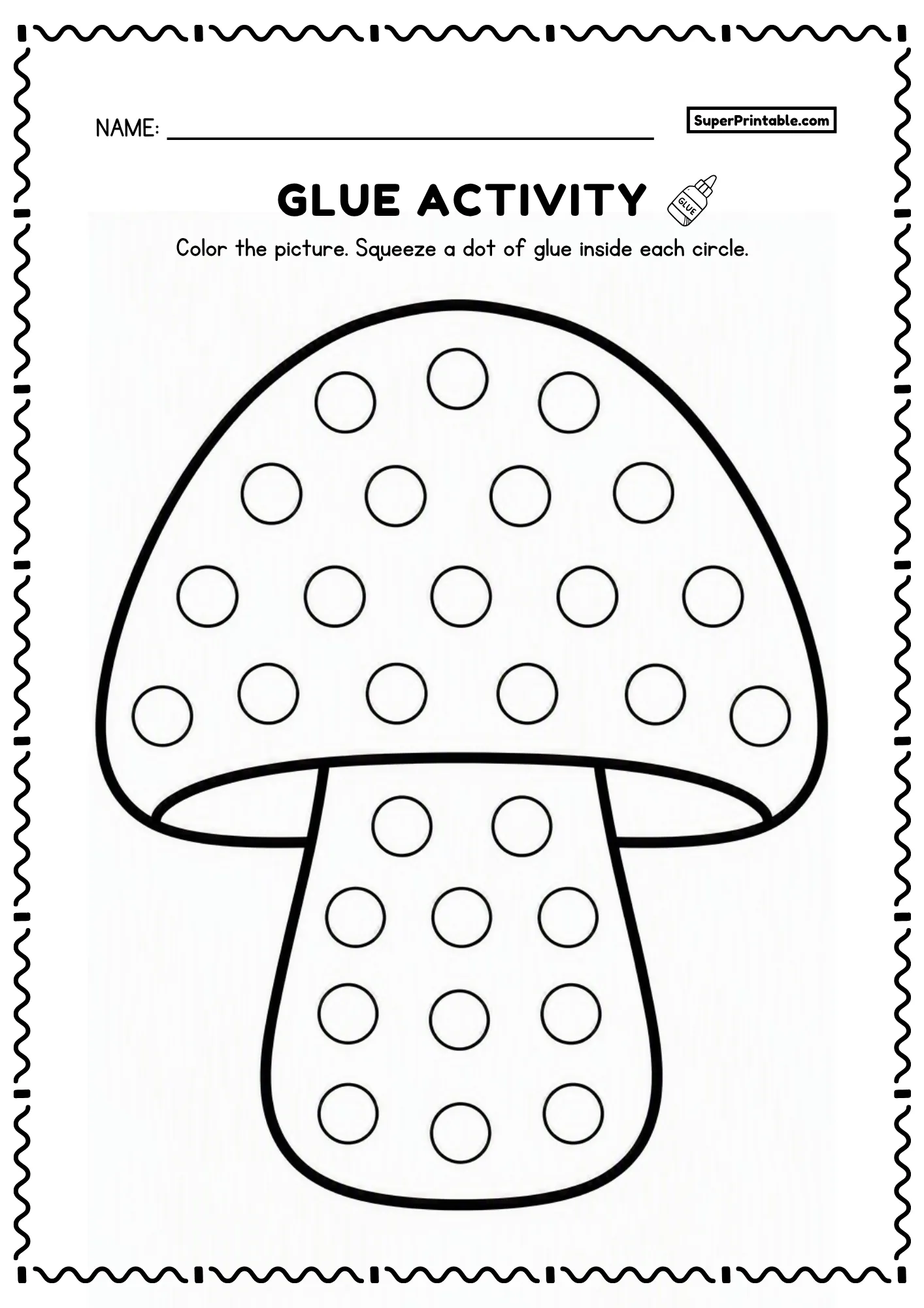 Mushroom printable glue worksheet with dome cap and stem and dot circles for preschoolers