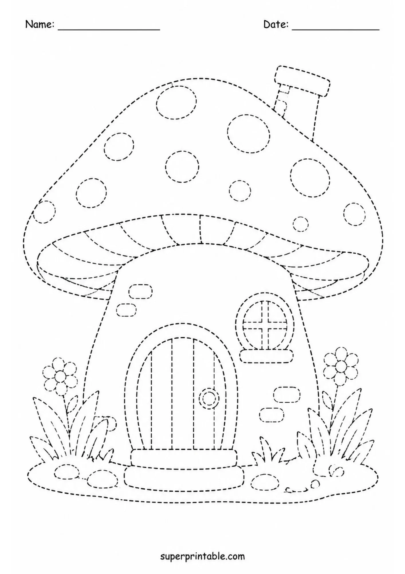 Fairy toadstool mushroom house with chimney, door, and garden flowers in dashed lines.