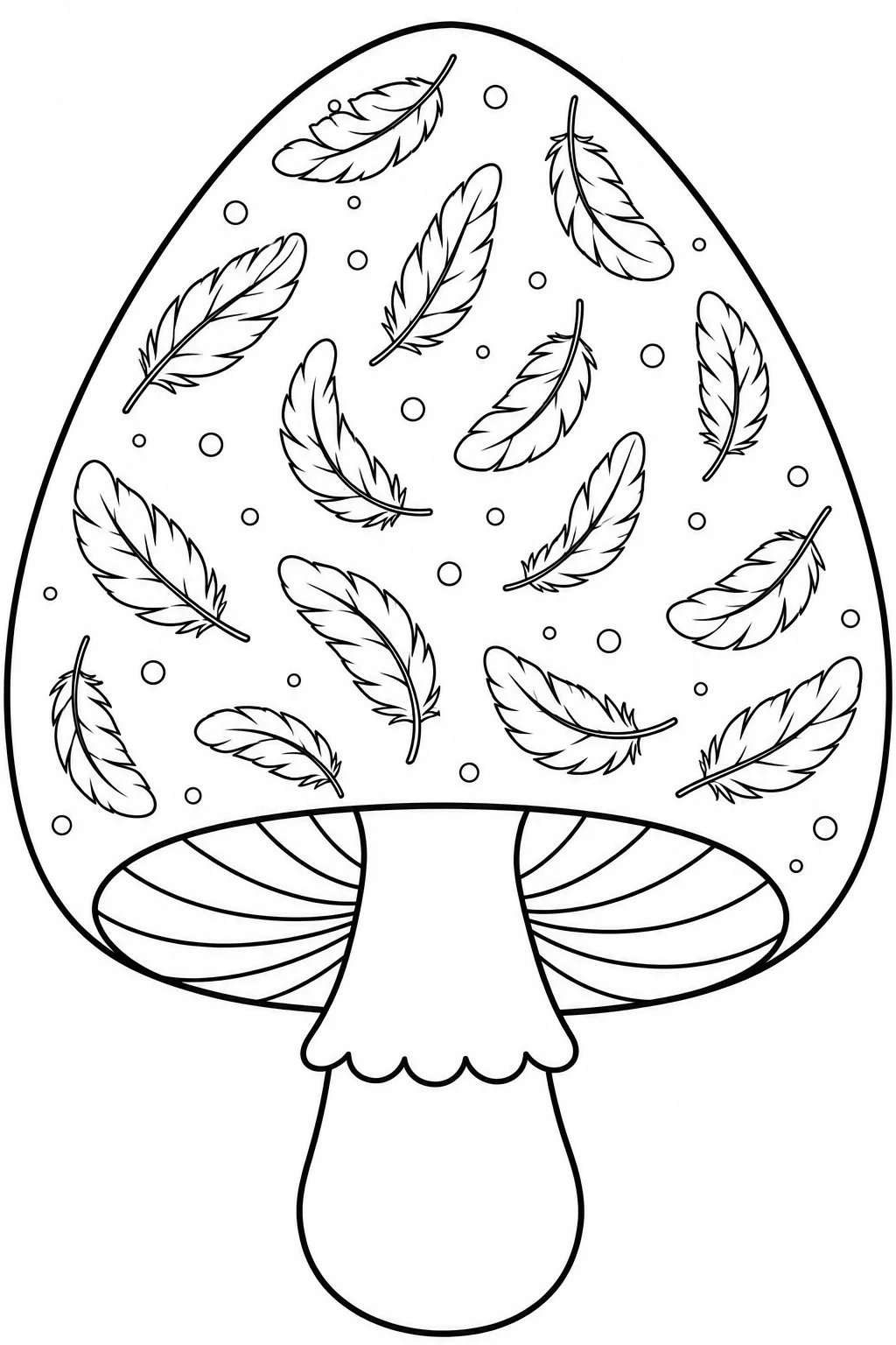 Mushroom cap filled with detailed feathers and small circles for coloring