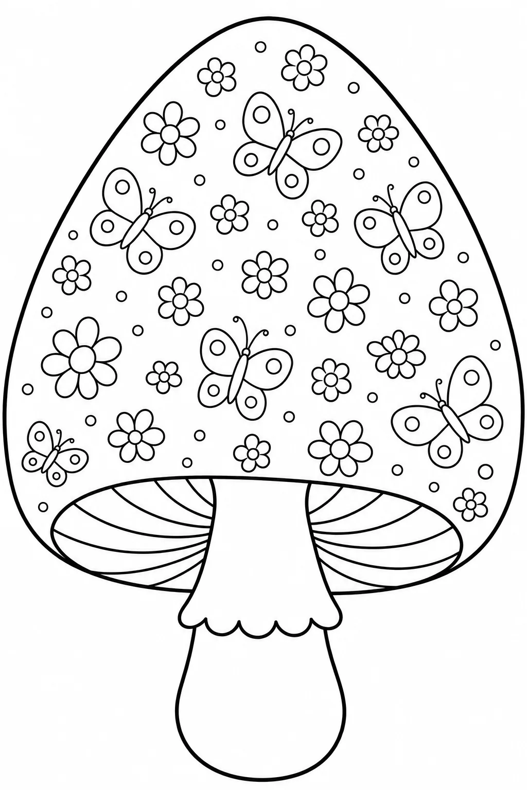 Mushroom cap packed with flowers, leaves, stems, and detailed garden patterns