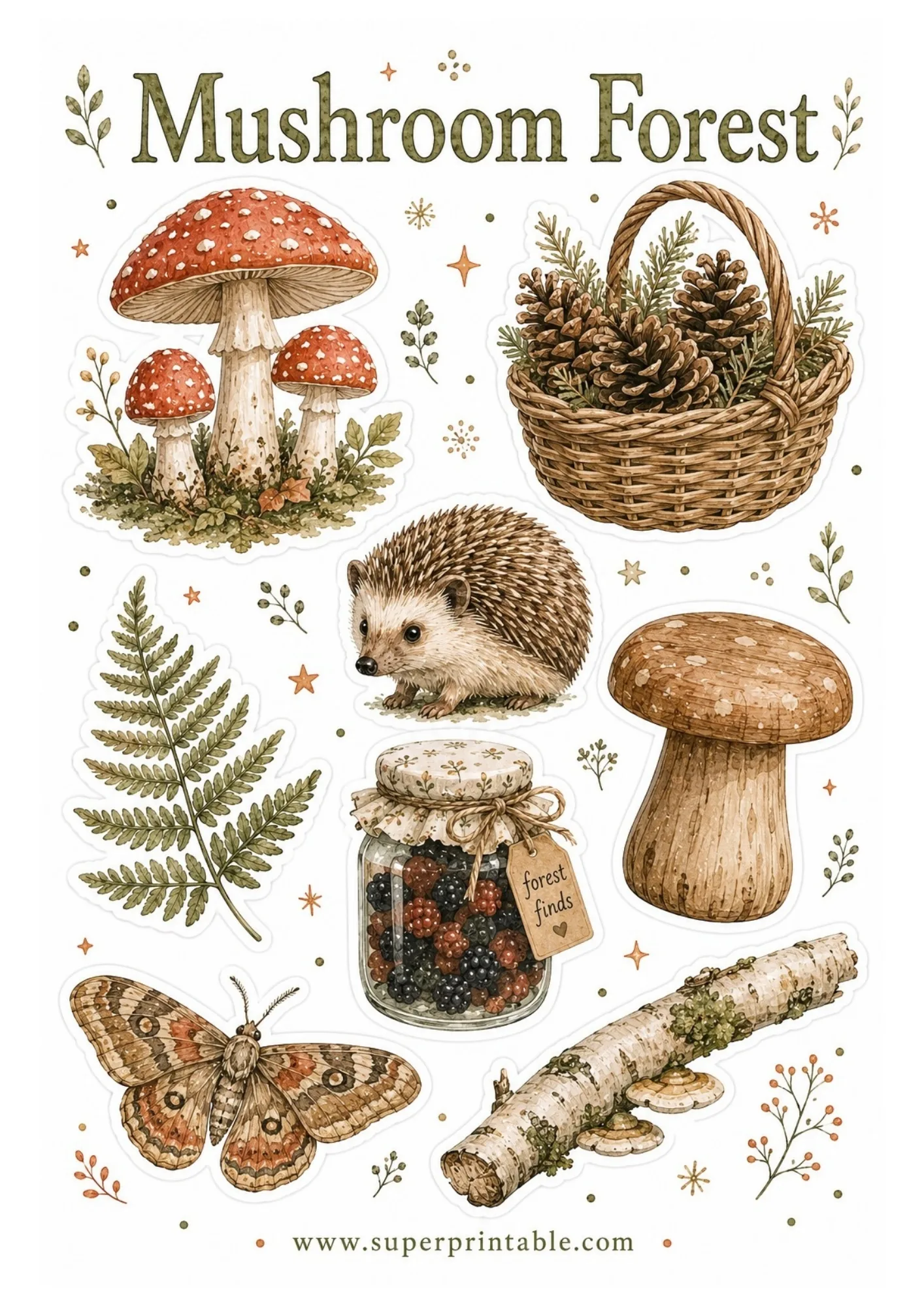 Printable woodland sticker sheet with watercolor toadstools, pinecone basket, hedgehog, fern frond, berry jar, moth, and birch branch.