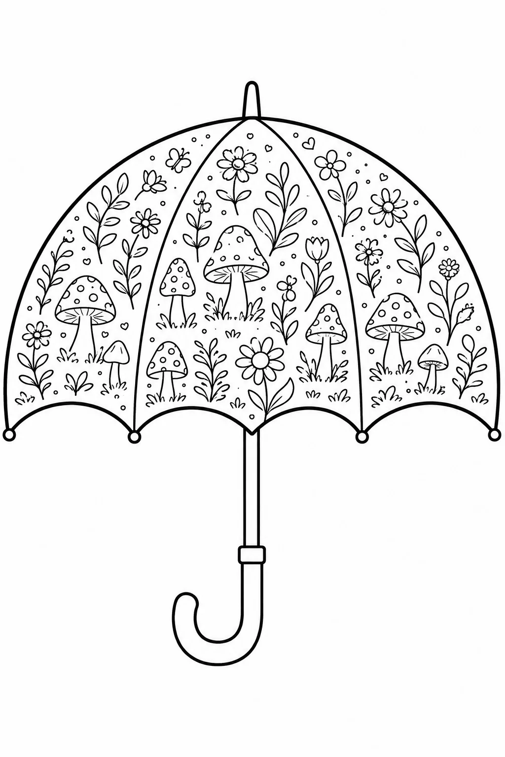 Dense forest floor scene with spotted mushrooms and flowering plants.