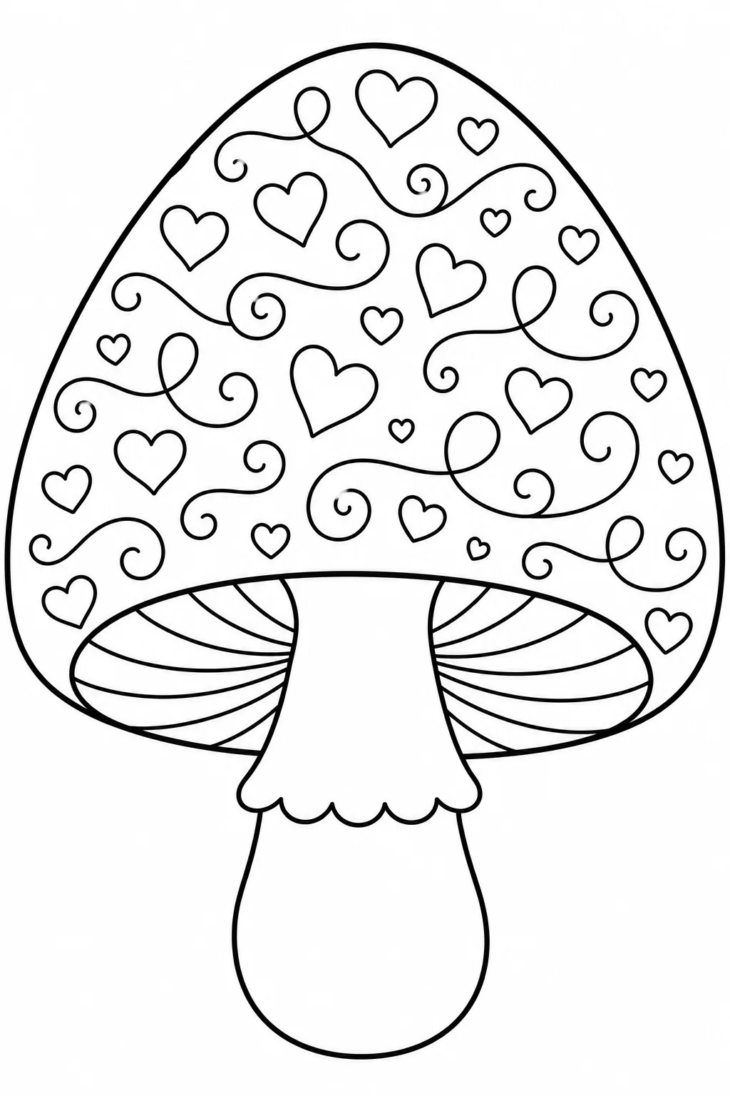 Cute mushroom cap filled with hearts and curly swirl patterns for children