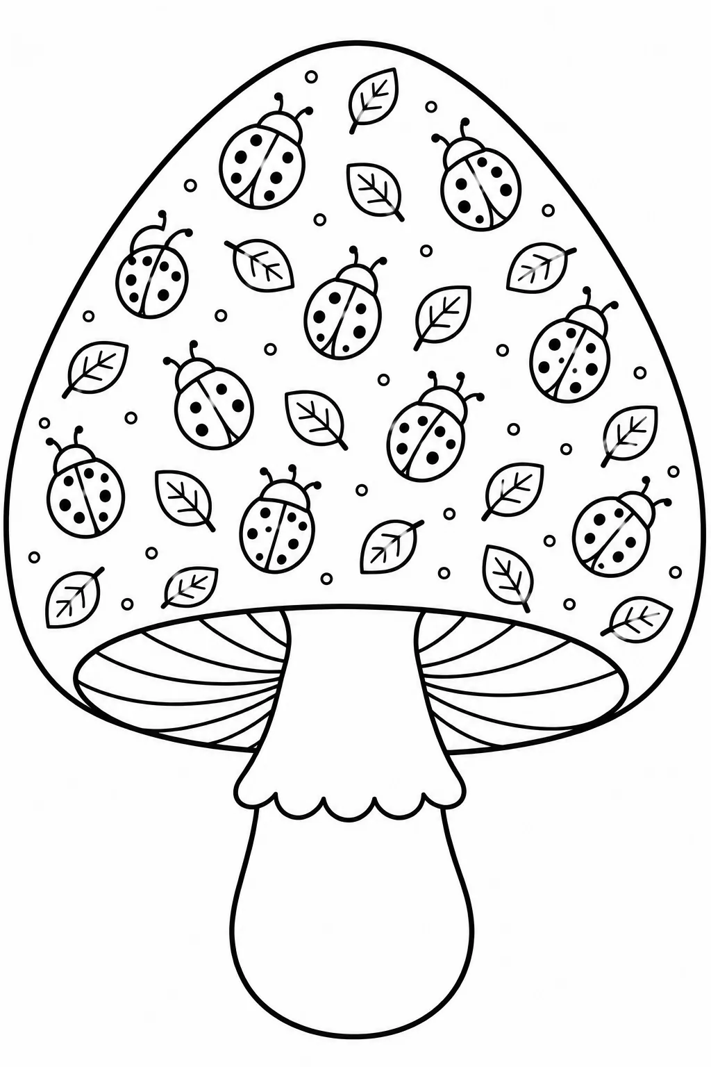 Mushroom cap with ladybugs and leaves in a playful nature coloring design