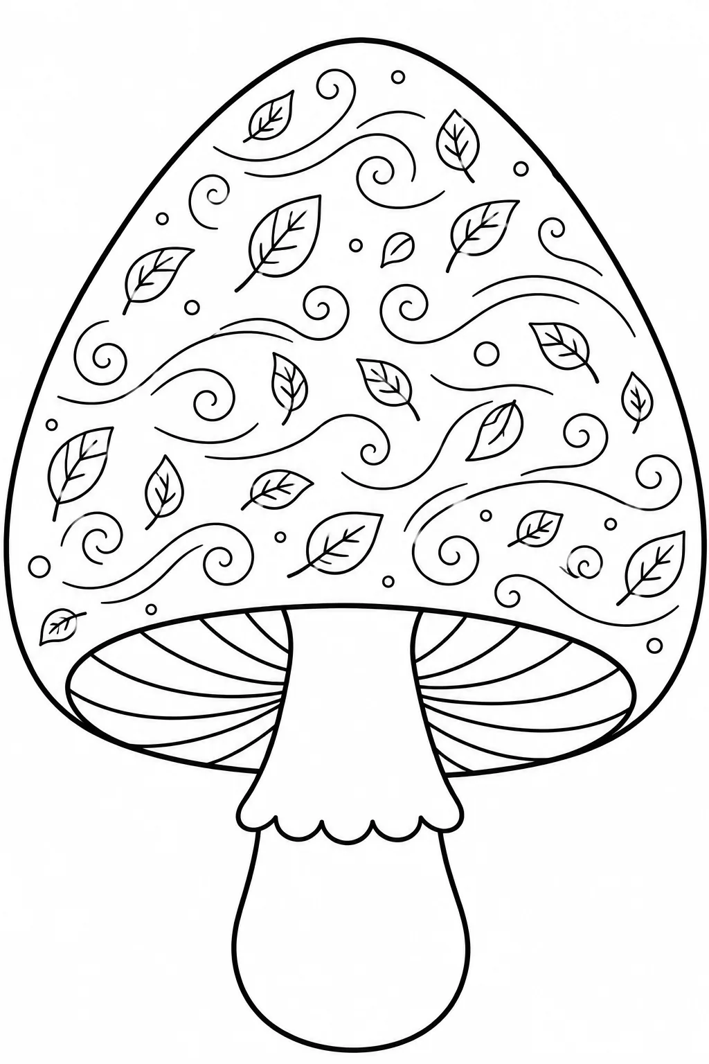 Mushroom cap decorated with floating leaves and gentle swirling nature patterns