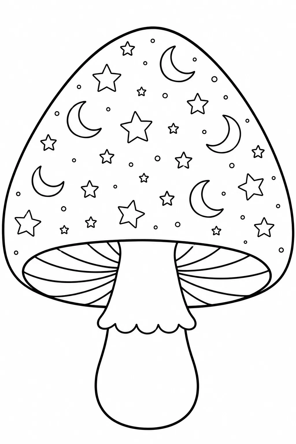 Mushroom cap decorated with crescent moons and stars for a fun coloring activity