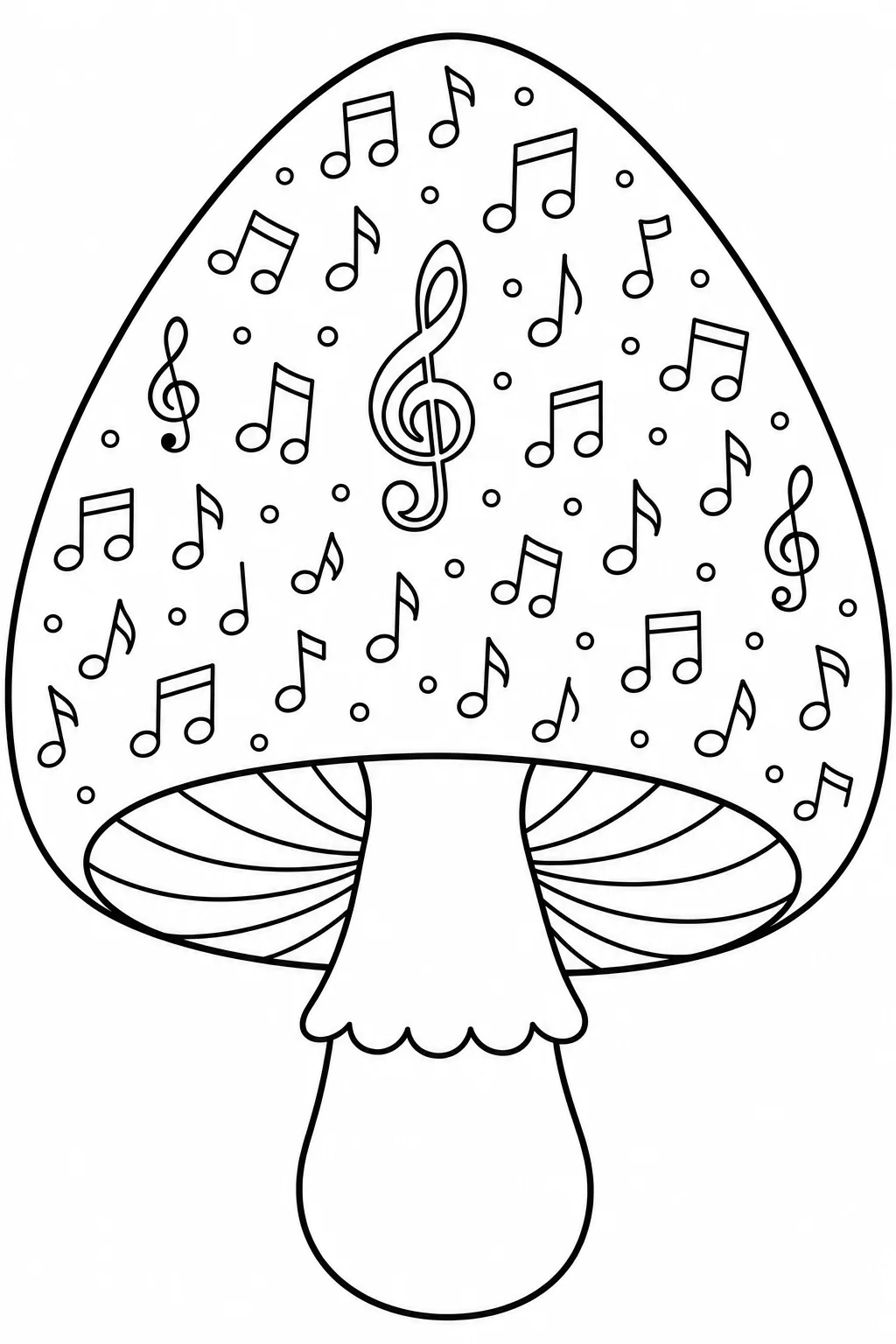 Mushroom cap filled with musical notes and treble clefs for kids to color