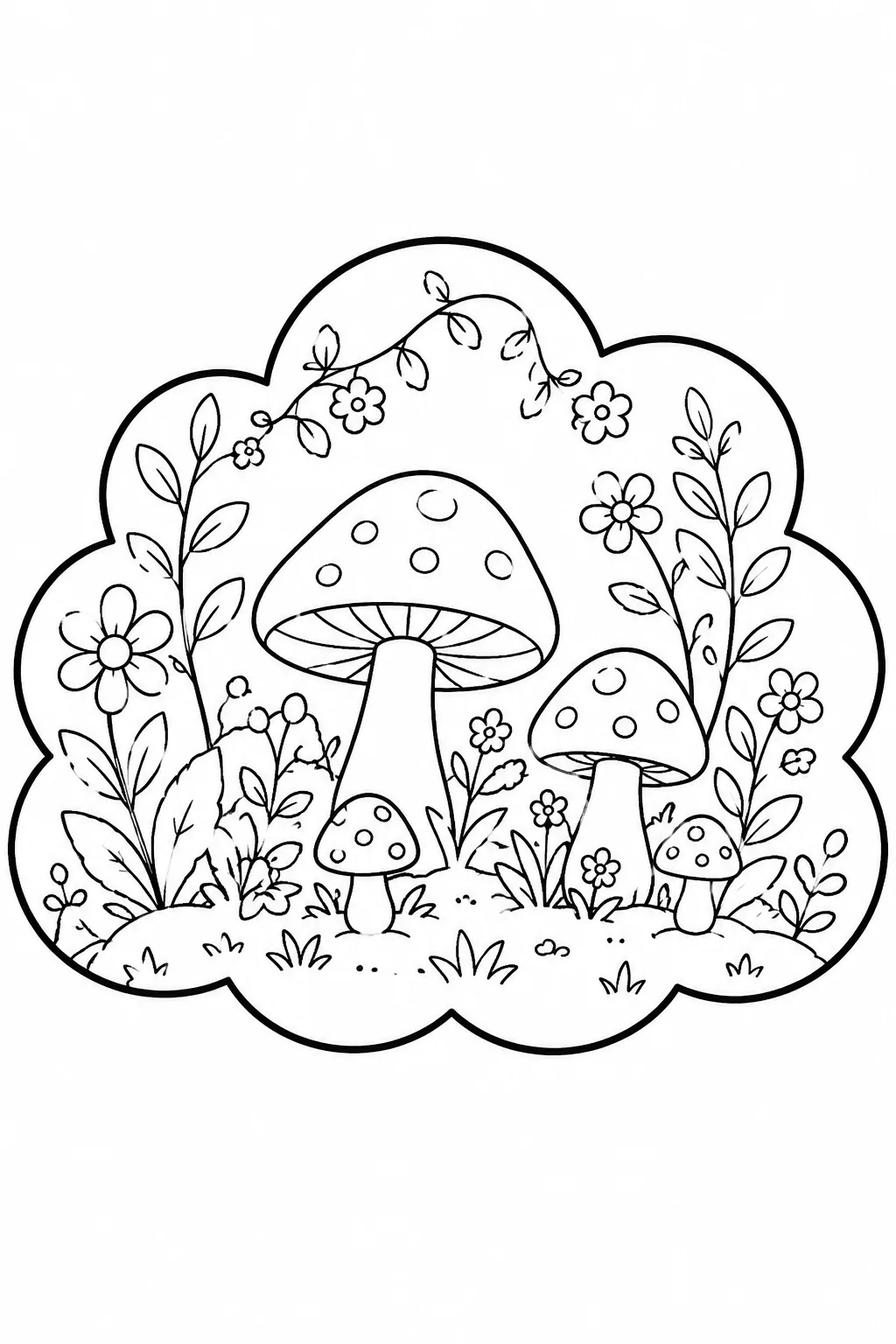 Forest floor scene featuring spotted mushrooms and tall floral plants.