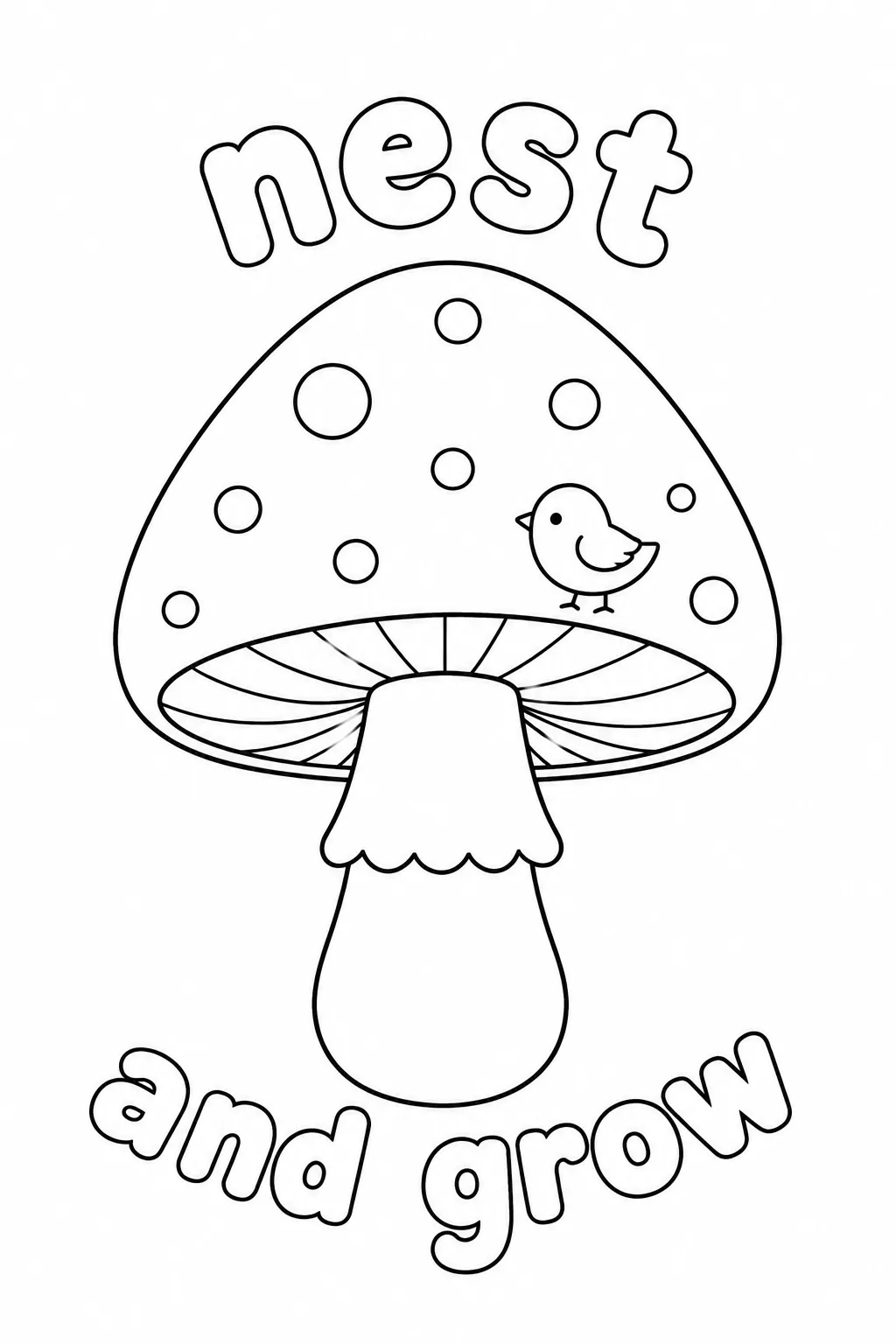 Mushroom with tiny bird nest and nest and grow message for a nature activity