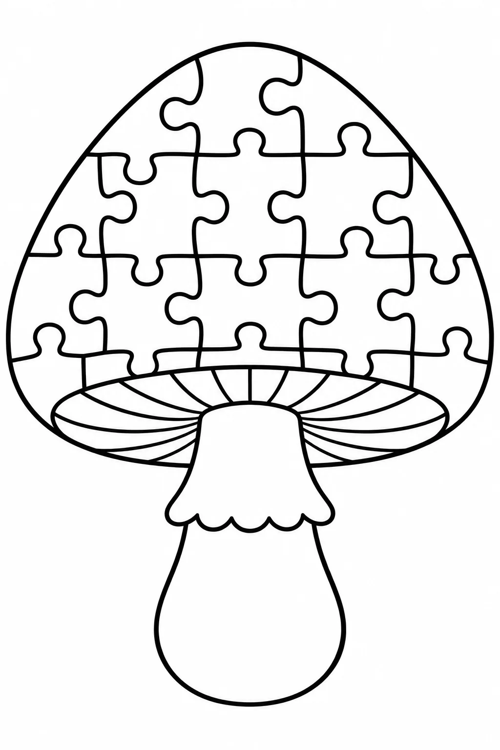 Large mushroom with interlocking puzzle pieces covering the cap for coloring