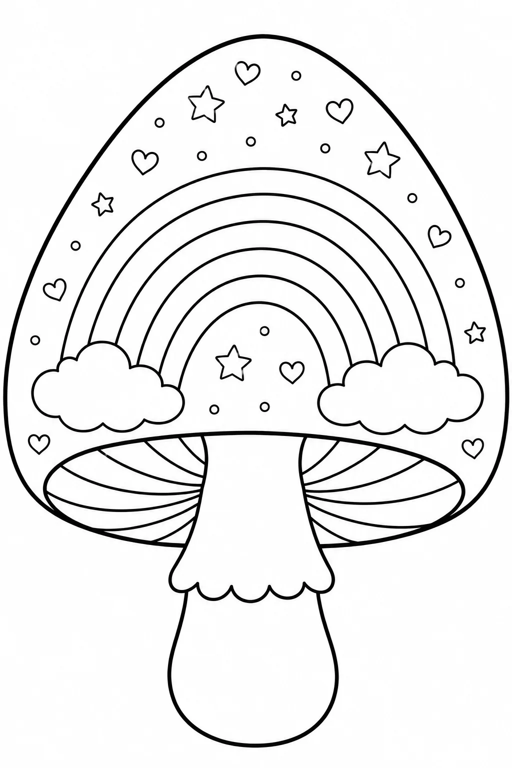 Large mushroom with rainbow arches, clouds, stars, and hearts to color
