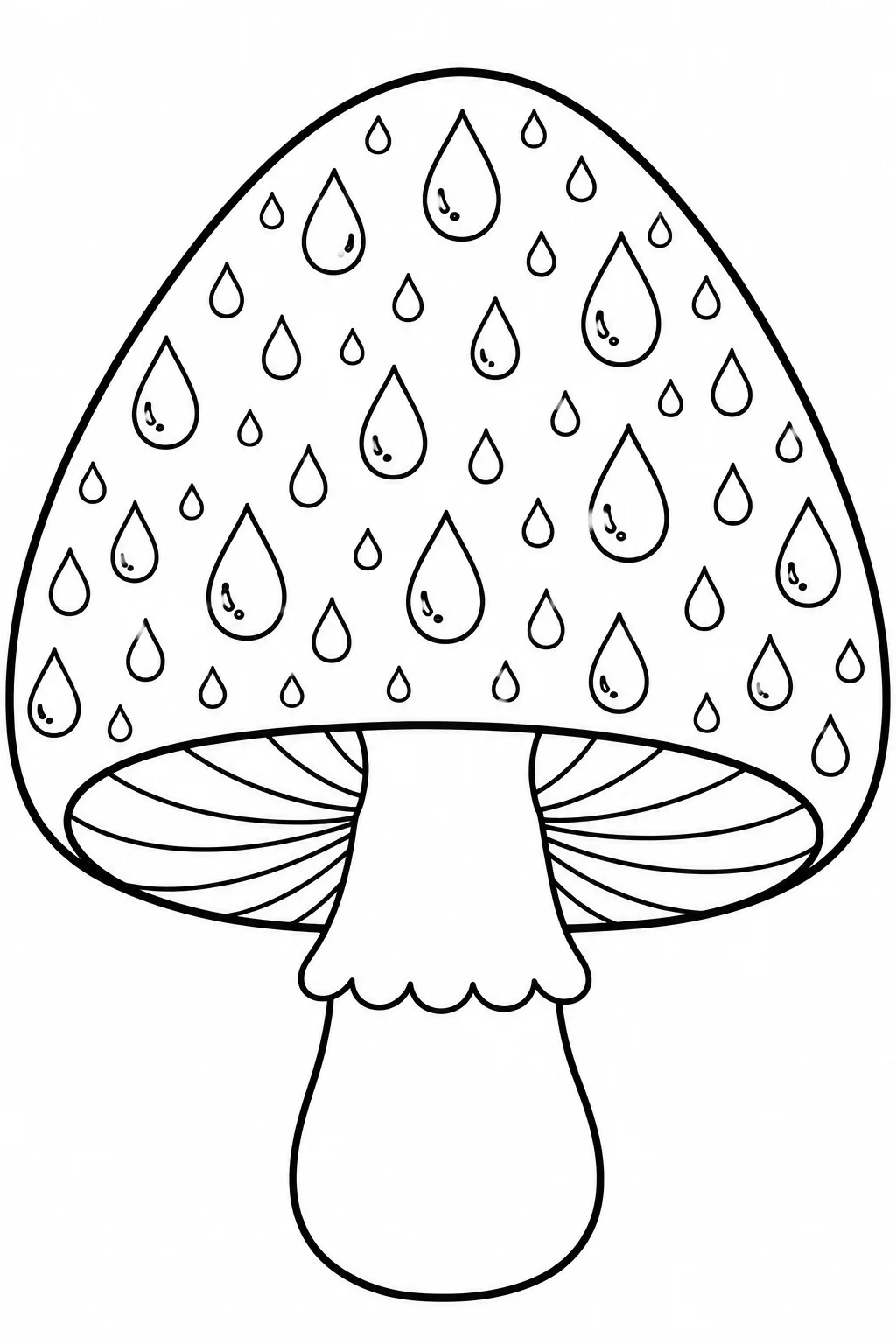 Large mushroom cap filled with playful raindrop shapes for kids to color