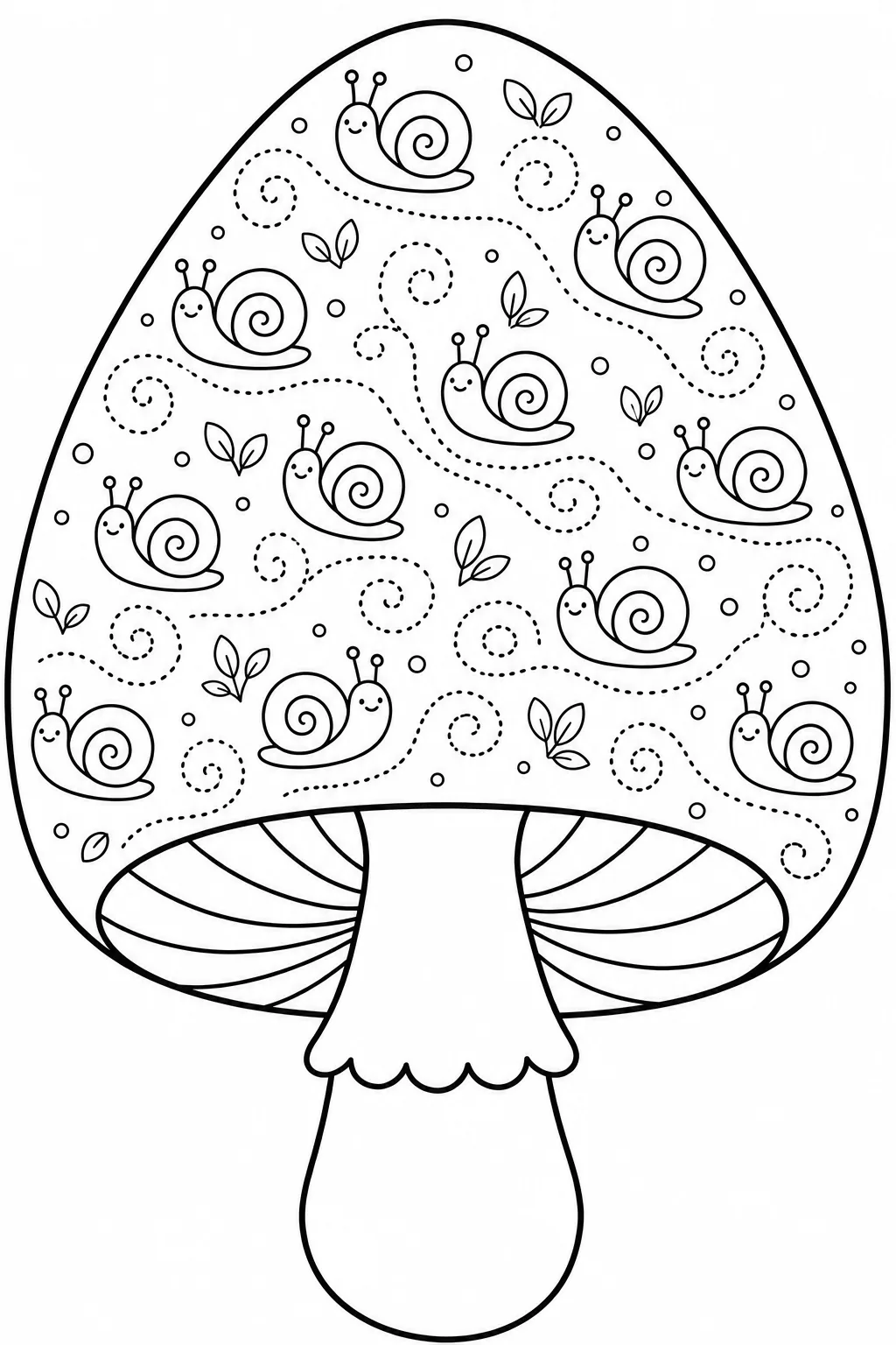 Mushroom cap featuring smiling snails, dotted trails, leaves, and swirls