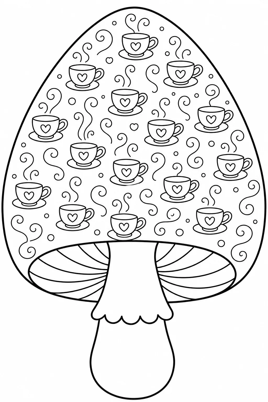Mushroom cap filled with tiny teacups, heart details, and curling steam swirls