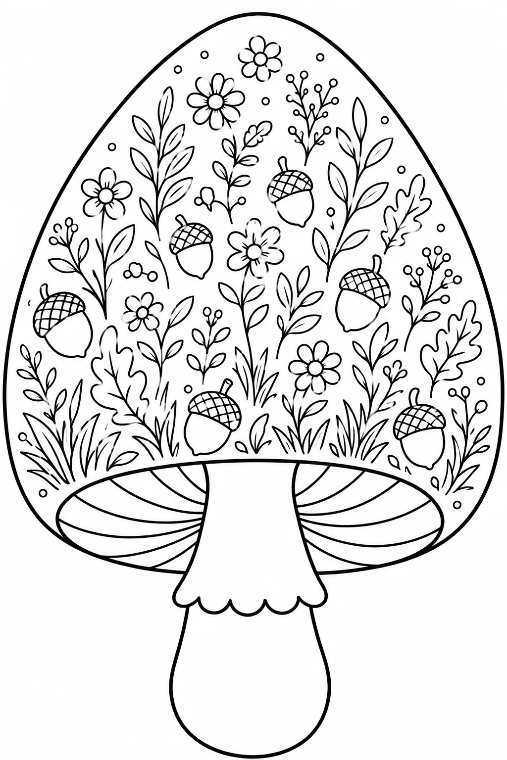 Mushroom cap filled with flowers, leafy plants, grasses, and acorns