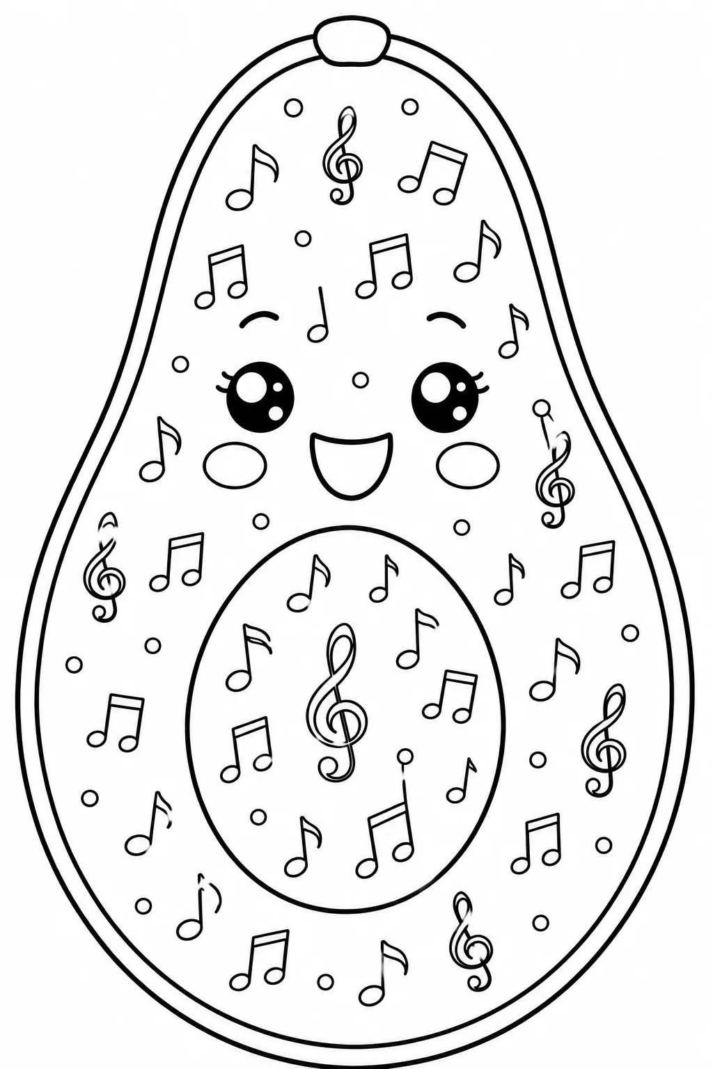 Happy avocado covered in a musical theme with notes and symbols.