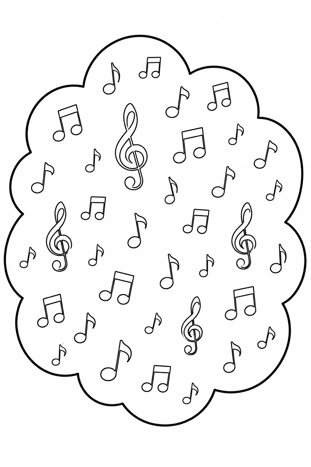 Cloud contour containing scattered musical symbols and treble clefs.