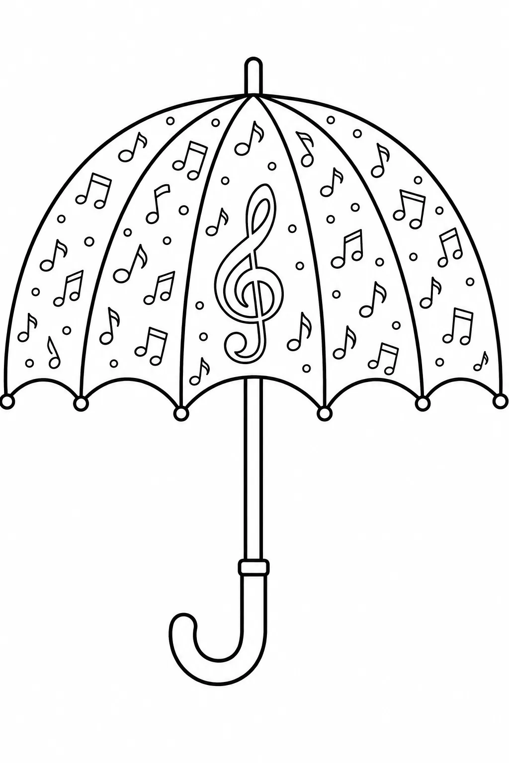 Scattered musical notes and symbols with a large treble clef.