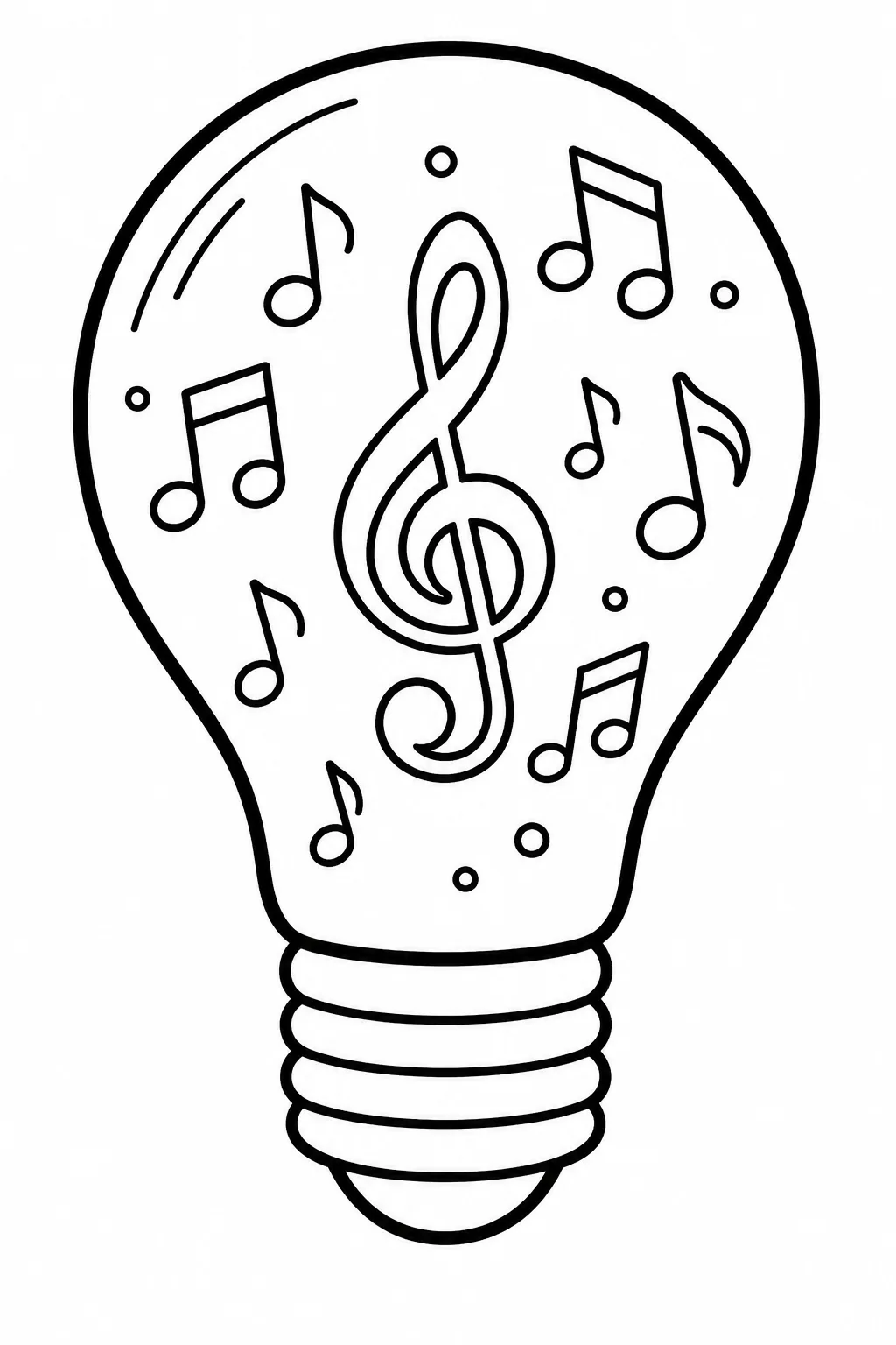 Treble clef musical symbol and floating notes dancing gracefully inside a light bulb bulb.
