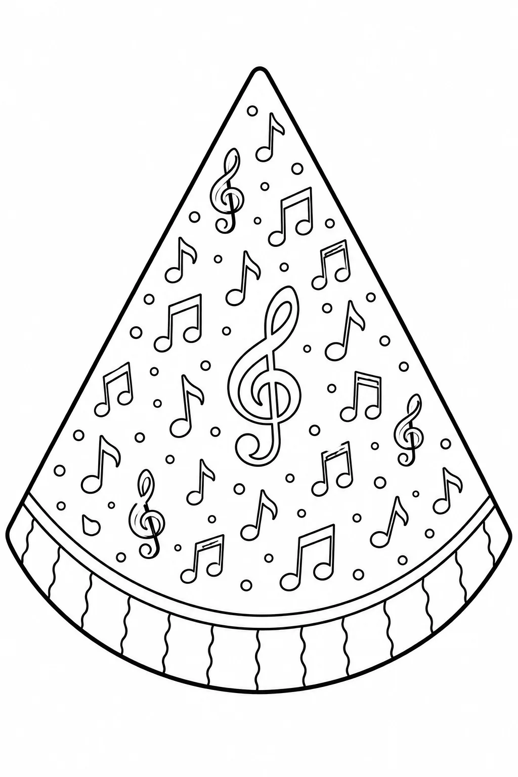 Treble clefs and musical notes filling a tall watermelon slice coloring illustration.