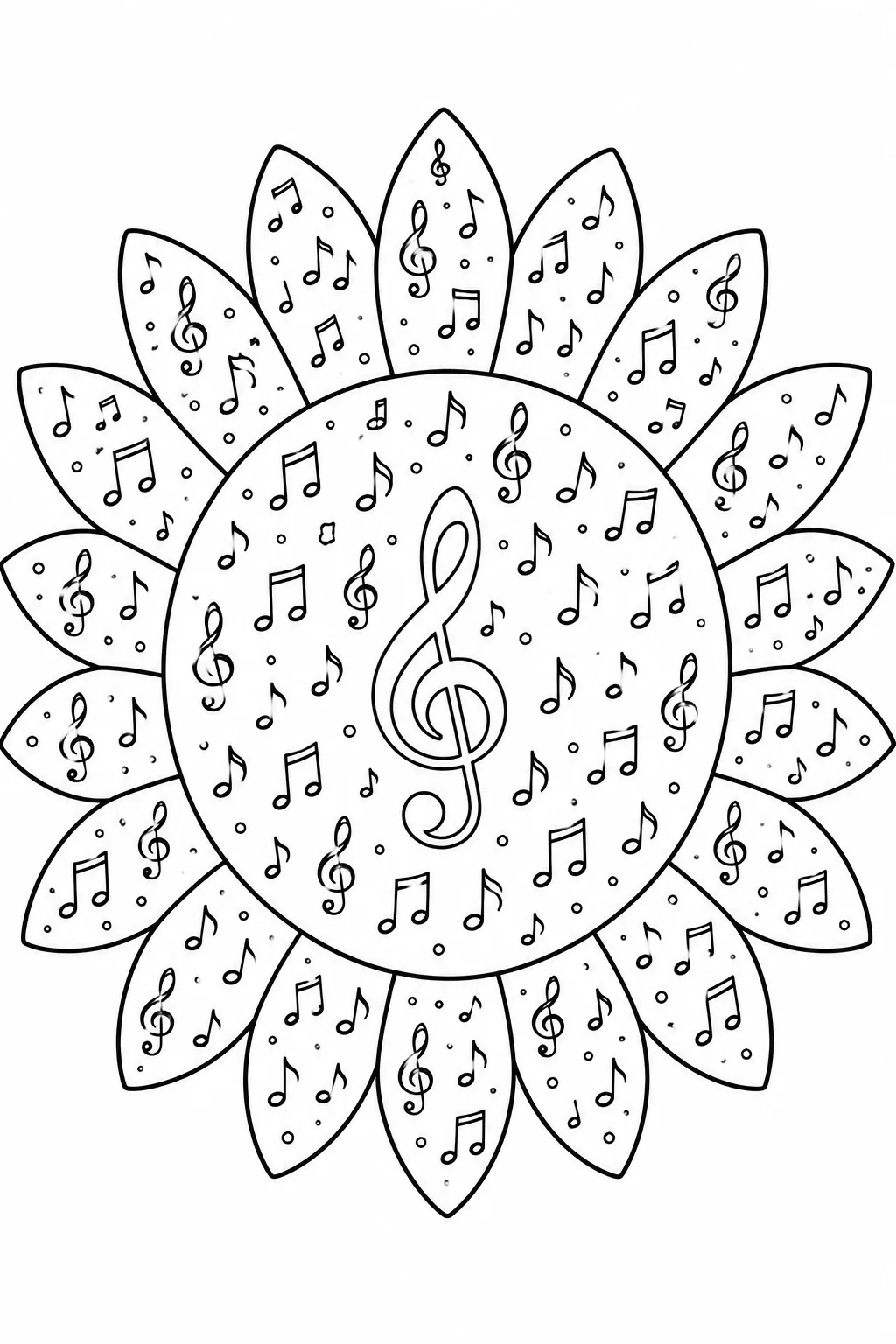 Musical themed sunflower line drawing featuring a treble clef and floating music notes.