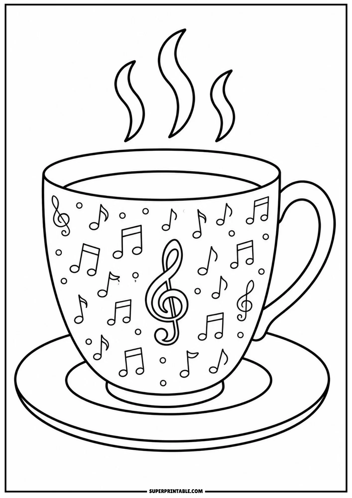 Line art of a steaming teacup and saucer decorated with treble clefs and musical notes for coloring.