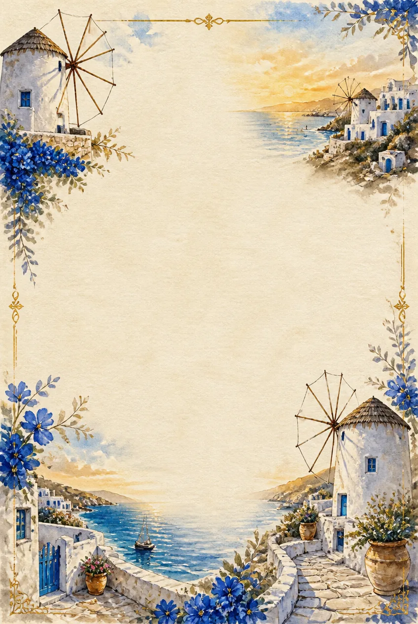 world windmills page borders showing white Greek windmills above a calm ocean at golden sunset.