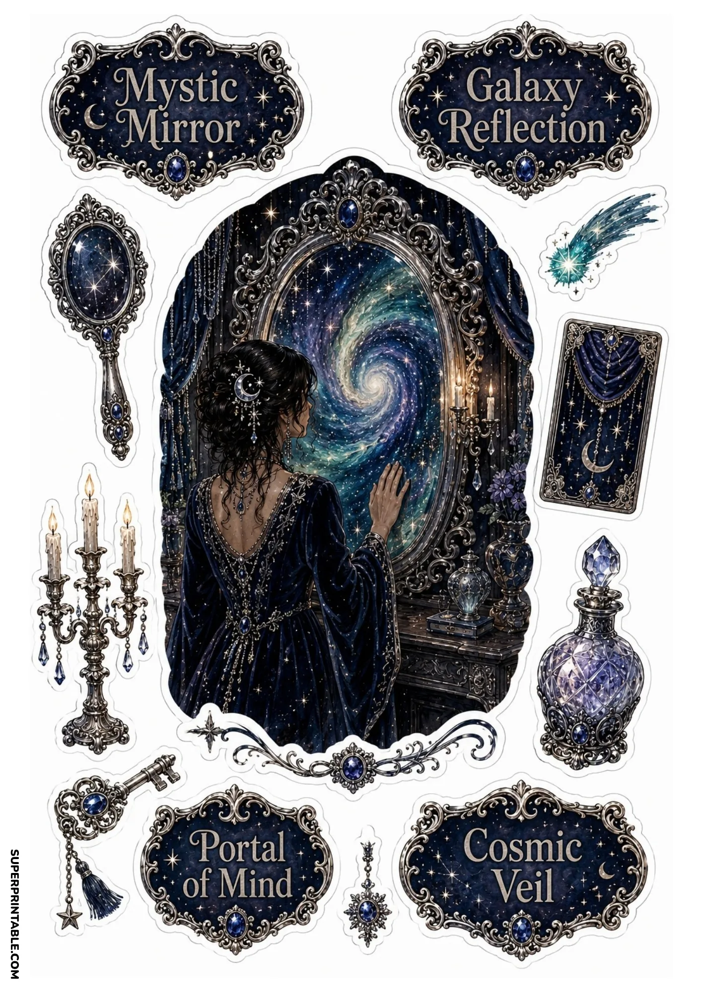 Woman gazing into cosmic galaxy mirror portal with candelabra, starry handheld mirror, and crystal decanter.