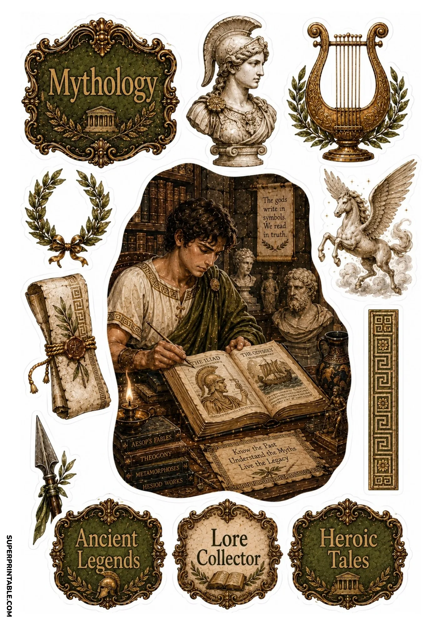 Greek scholar studying classical mythology literature beside a marble bust, golden lyre, and Pegasus artwork.