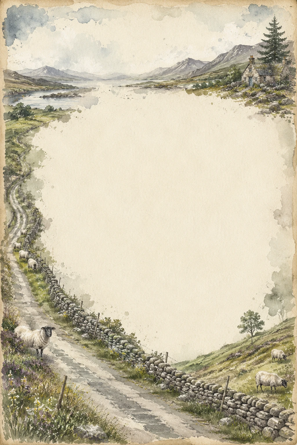 Scottish Highland Mountain Road With Stone Walls And Grazing Sheep Page Border Sheet