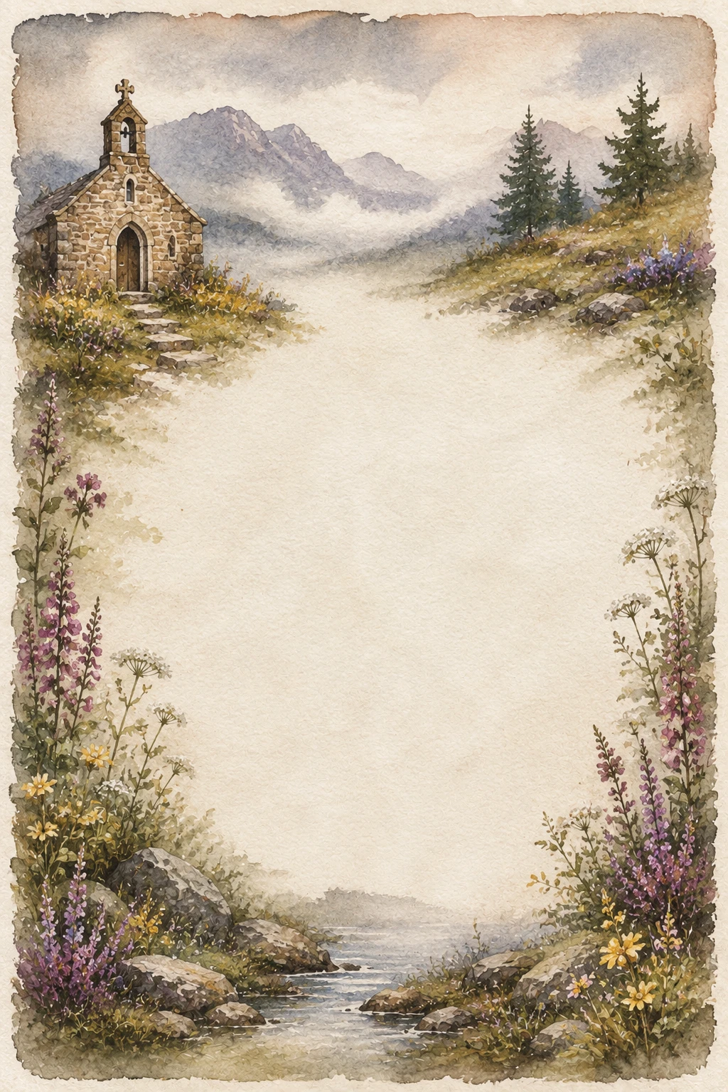Scottish Highland Stone Chapel Beside A Mountain Stream Page Border Sheet