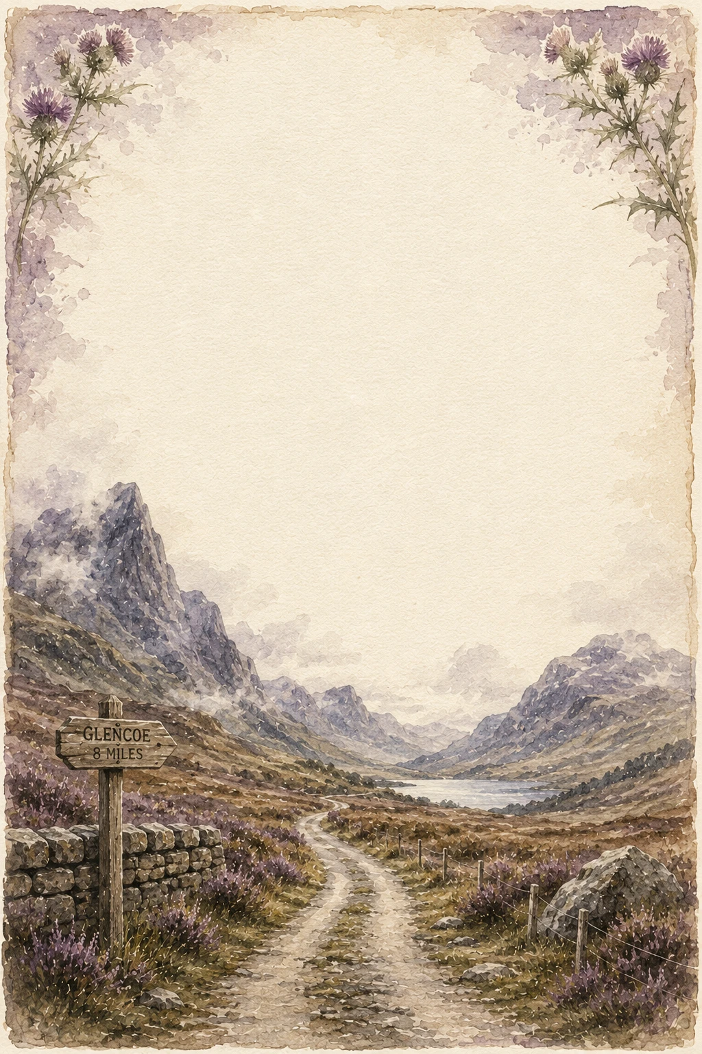 Scottish Highland Mountain Road With Rustic Signpost Page Border Sheet