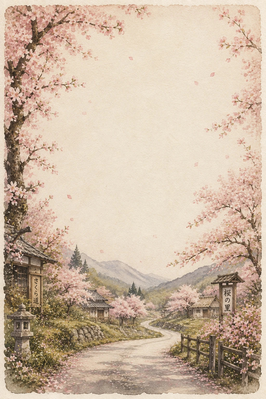 Scottish Highland Village Road With Spring Blossom Trees Page Border Sheet