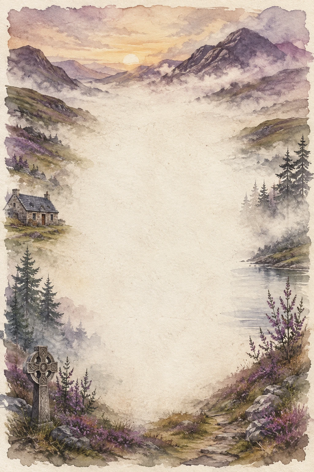 Misty Scottish Highland Loch And Mountain Valley Page Border Sheet