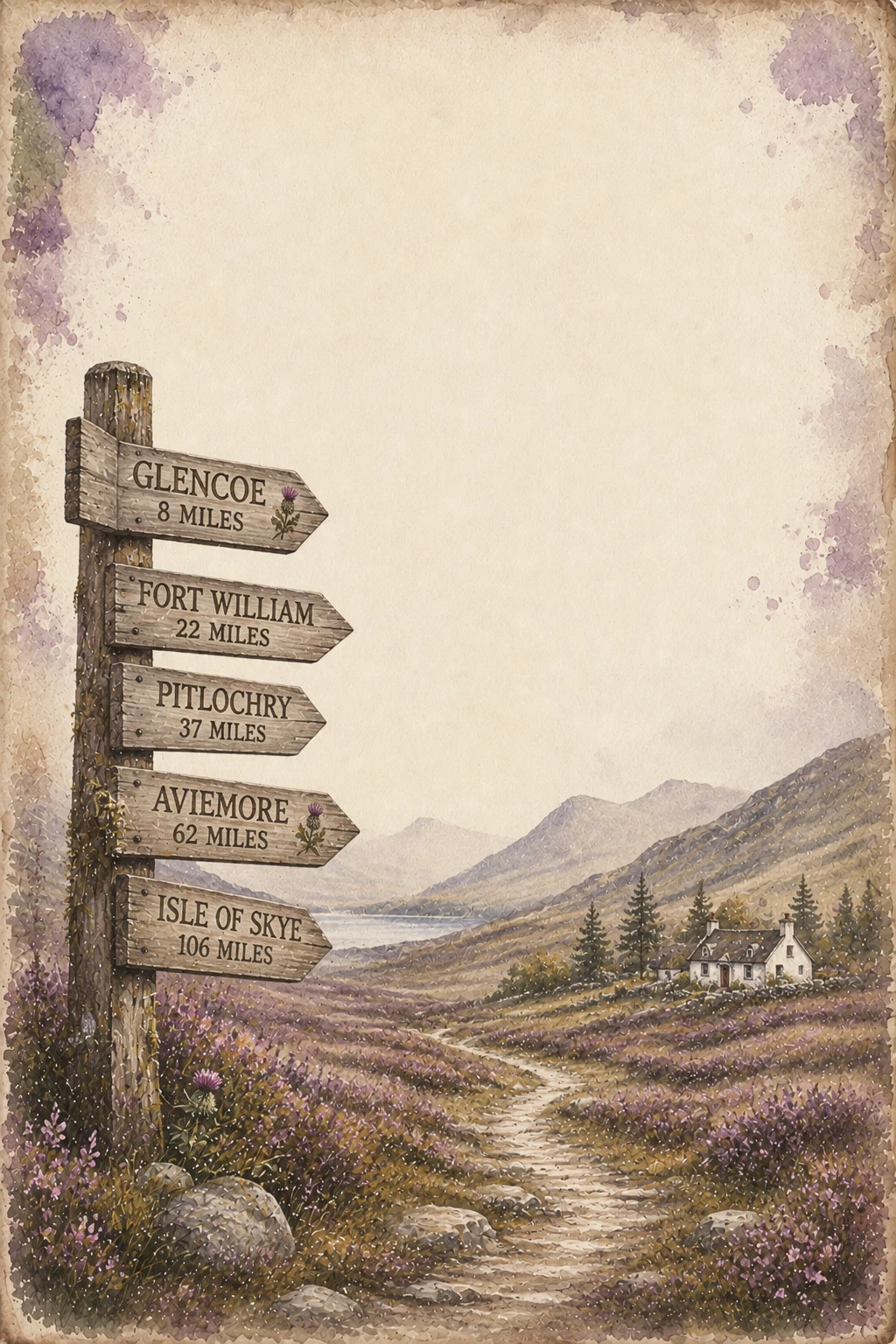 Scottish Highlands Rustic Signpost With Mountain Scenery Page Border Sheet