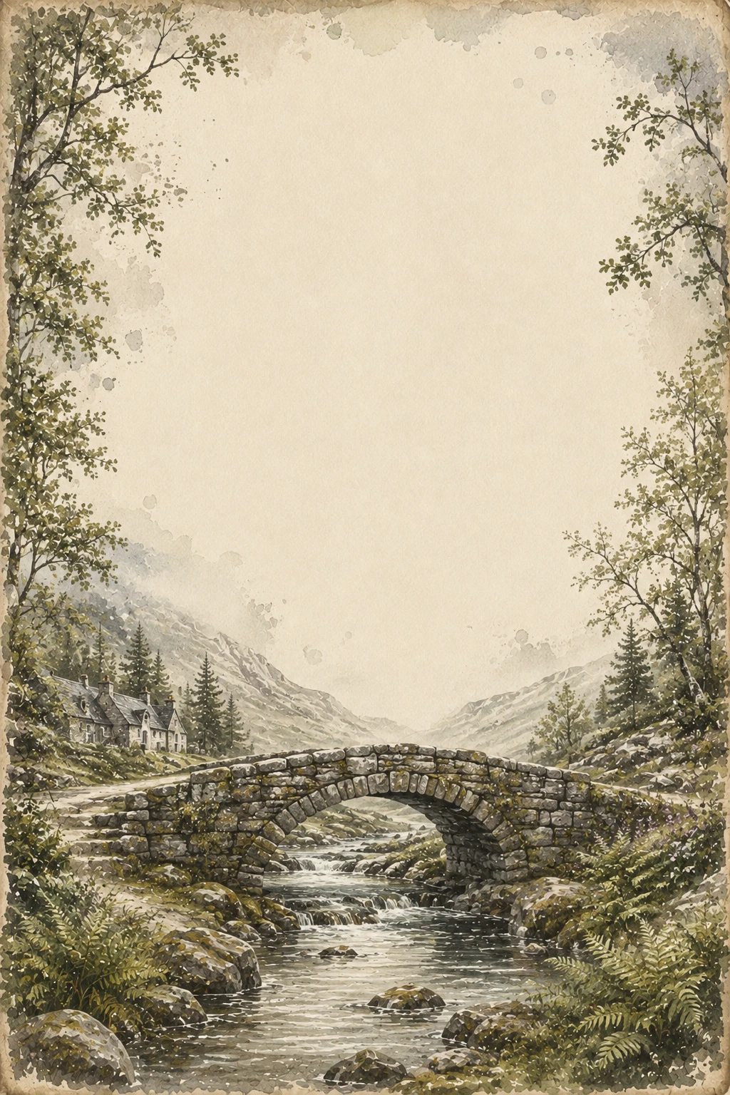 Scottish Highland Stone Bridge Over A Mountain Stream Page Border Sheet