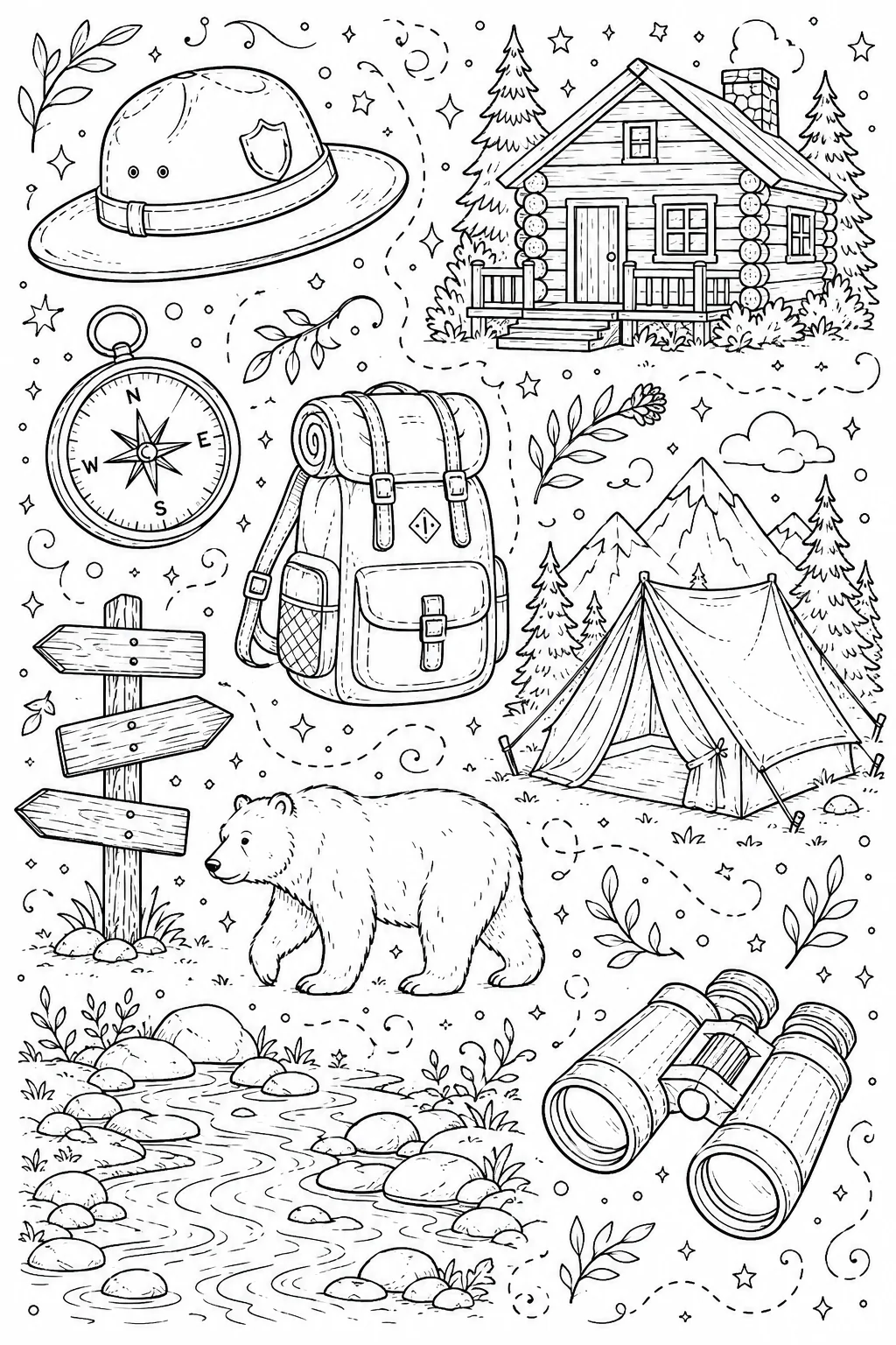 Printable National Parks cozy log cabin and forest bear doodle coloring page sheet