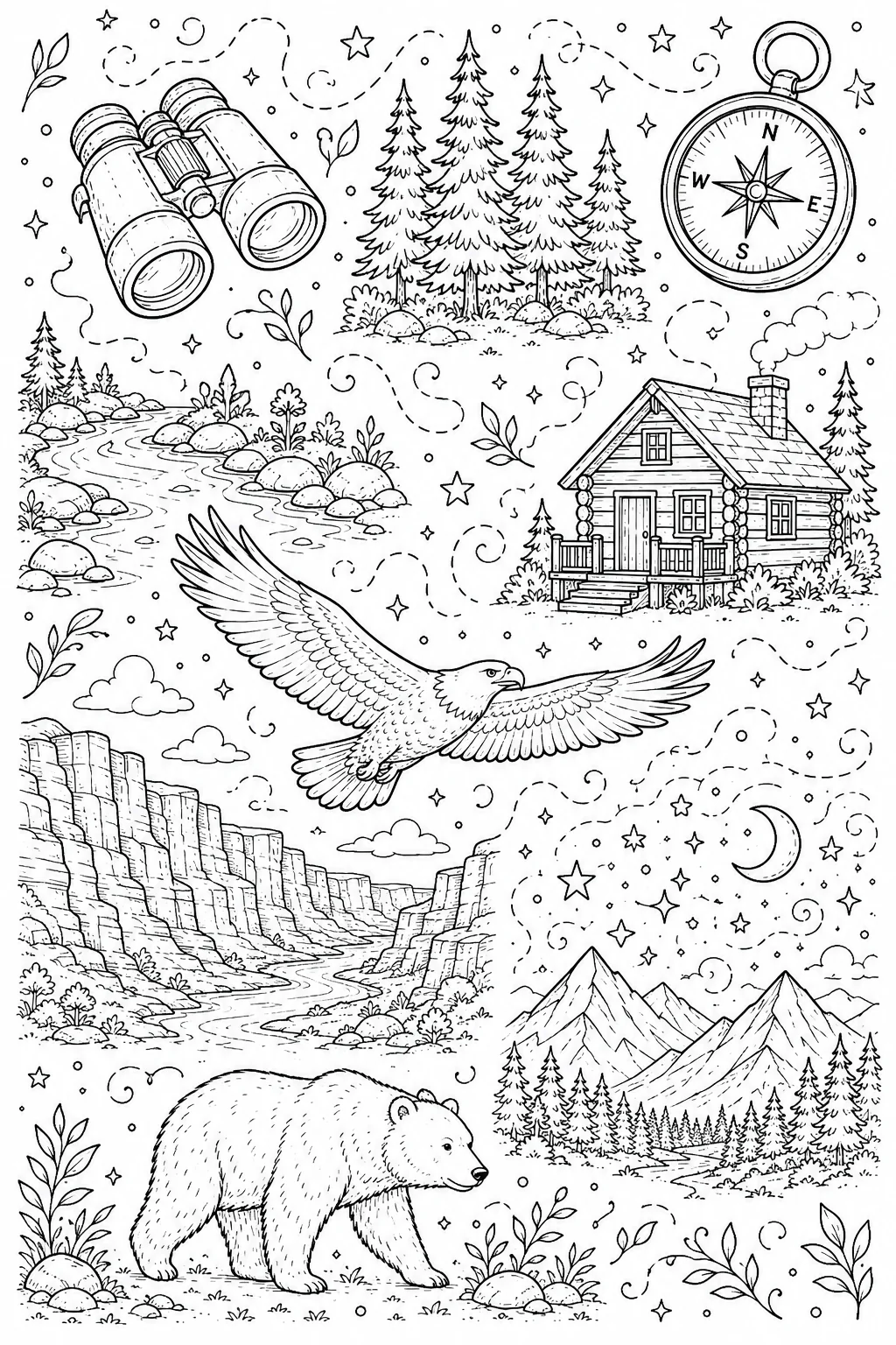 Printable National Parks soaring bald eagle and mountain pines doodle coloring page sheet