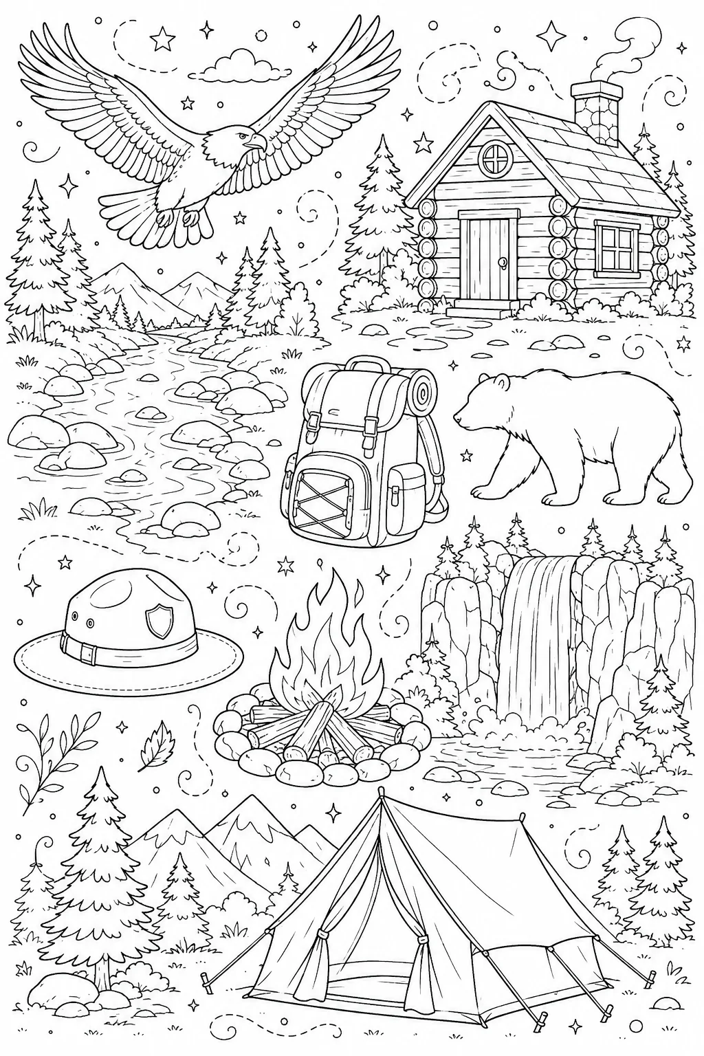 Printable National Parks woodland waterfall and campfire doodle coloring page sheet