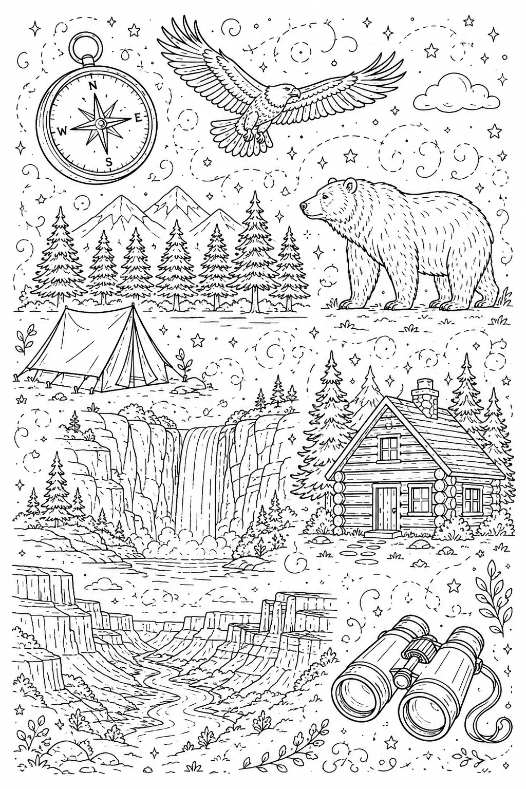 Printable National Parks starry night camping and compass doodle coloring page sheet