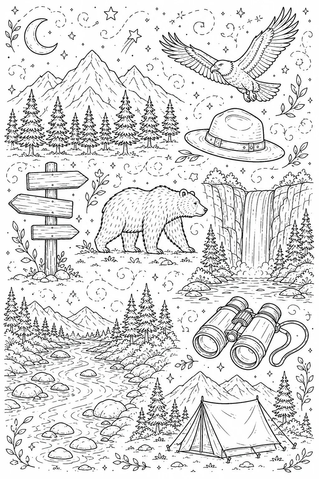 Printable National Parks mountain vista and roaming wildlife doodle coloring page sheet