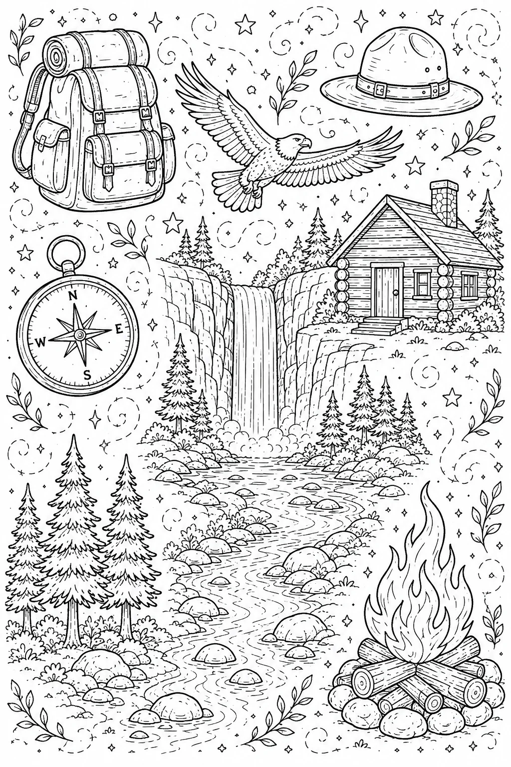Printable National Parks roaring waterfall and backpacker trail doodle coloring page sheet