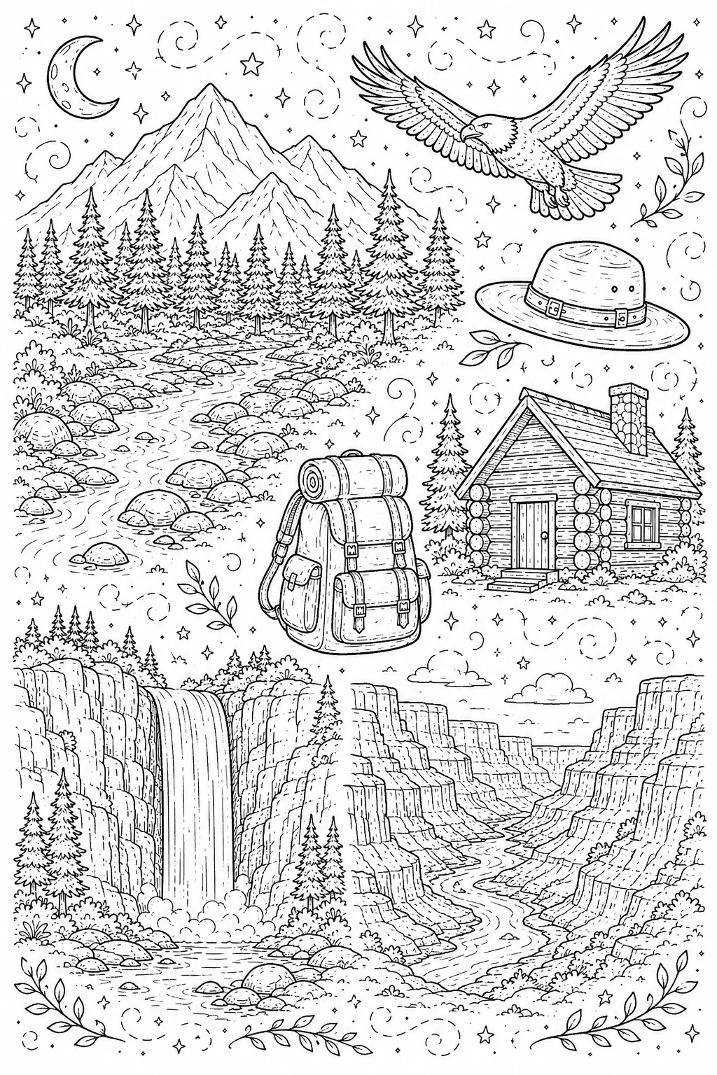 Printable National Parks flying eagle and cozy camp tent doodle coloring page sheet