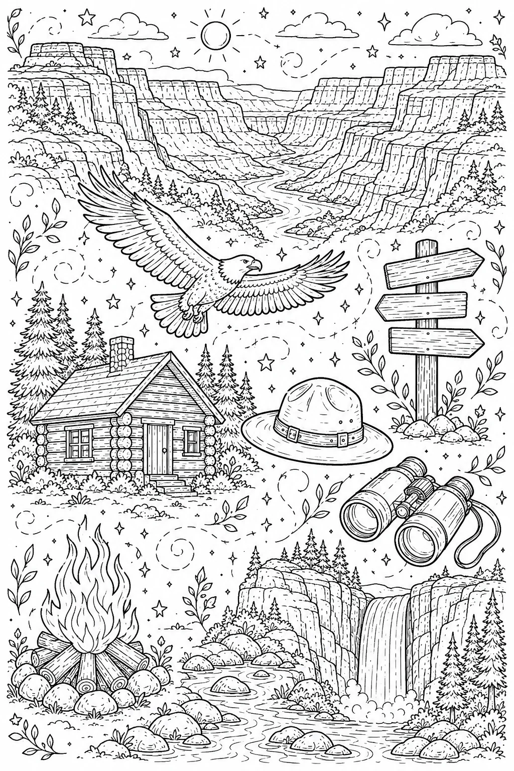 Printable National Parks grand canyon overlook and eagle flight doodle coloring page sheet
