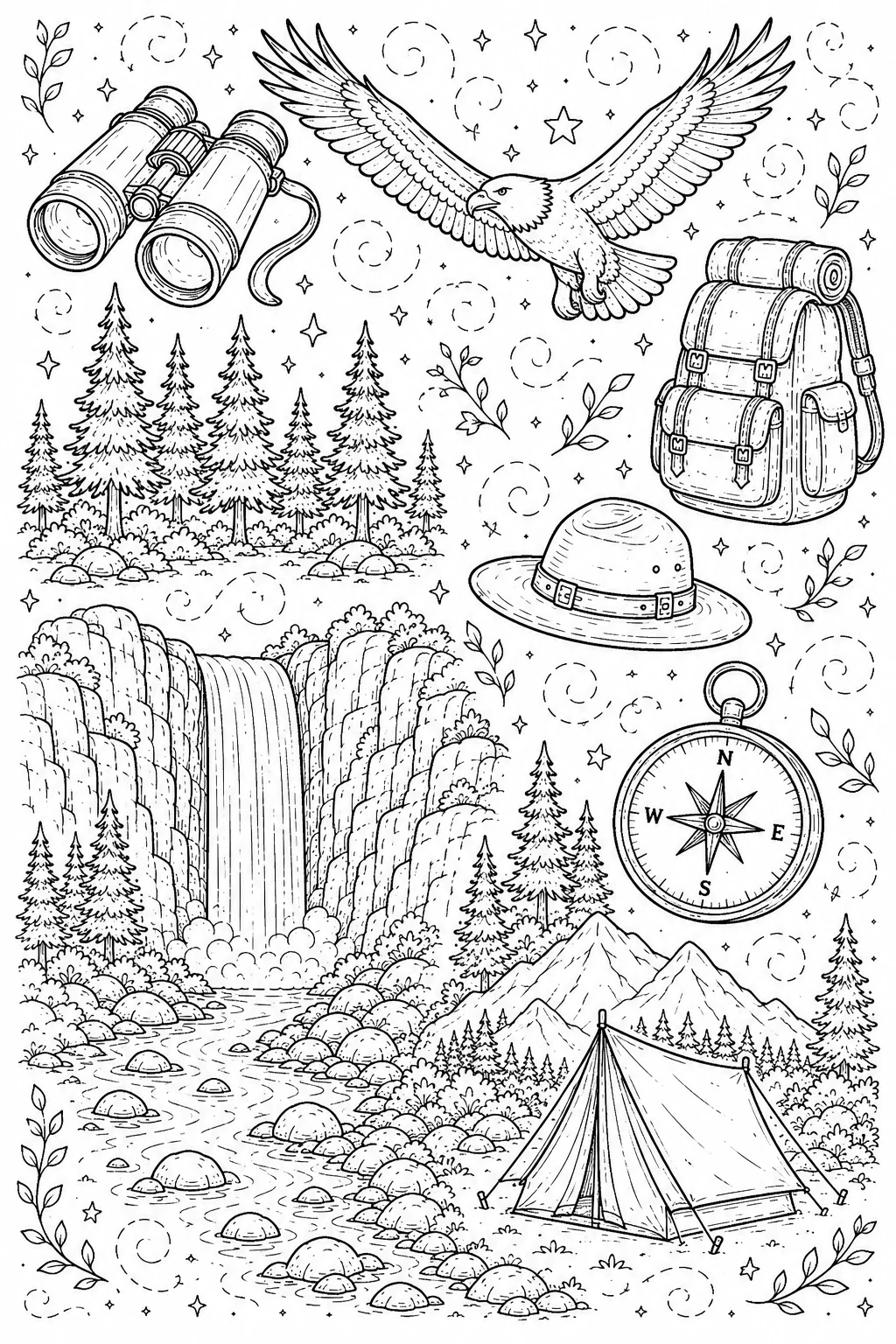 Printable National Parks mountain stream and ranger station doodle coloring page sheet