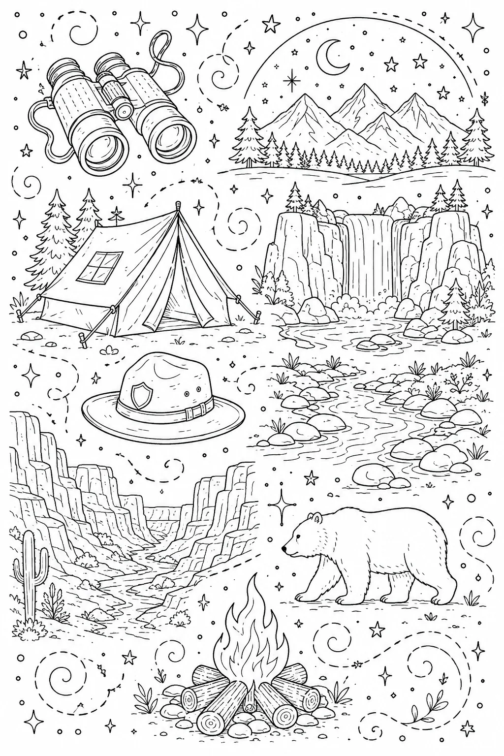 Printable National Parks wilderness campfire and starlit sky doodle coloring page sheet