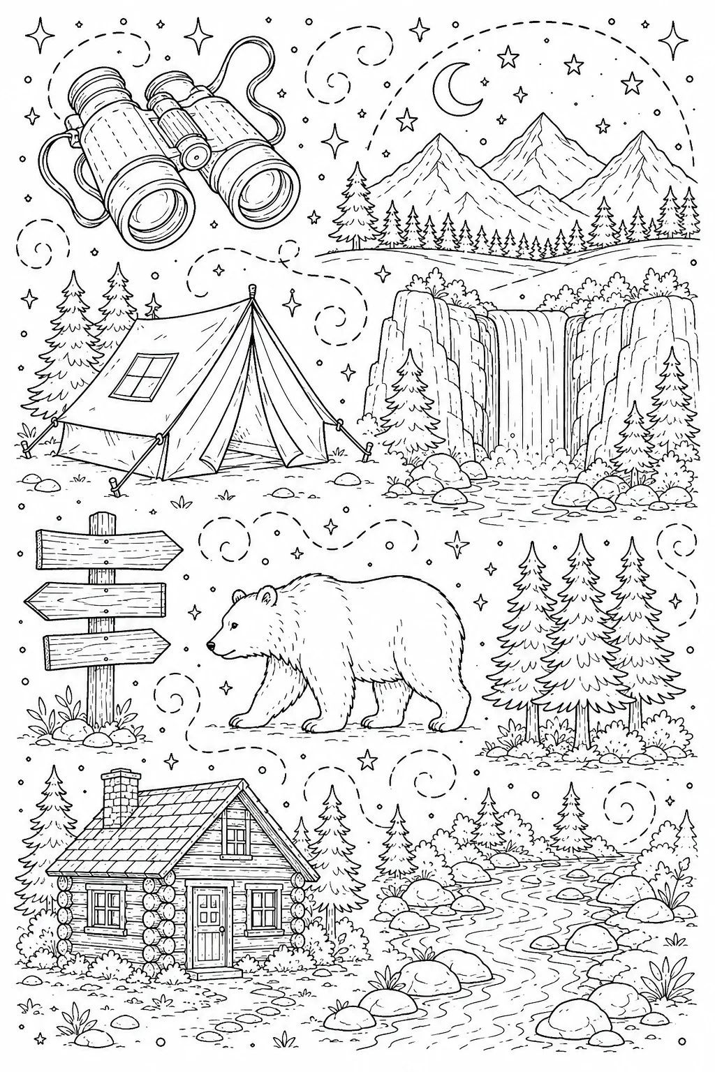 Printable National Parks pine forest trail and mountain wildlife doodle coloring page sheet